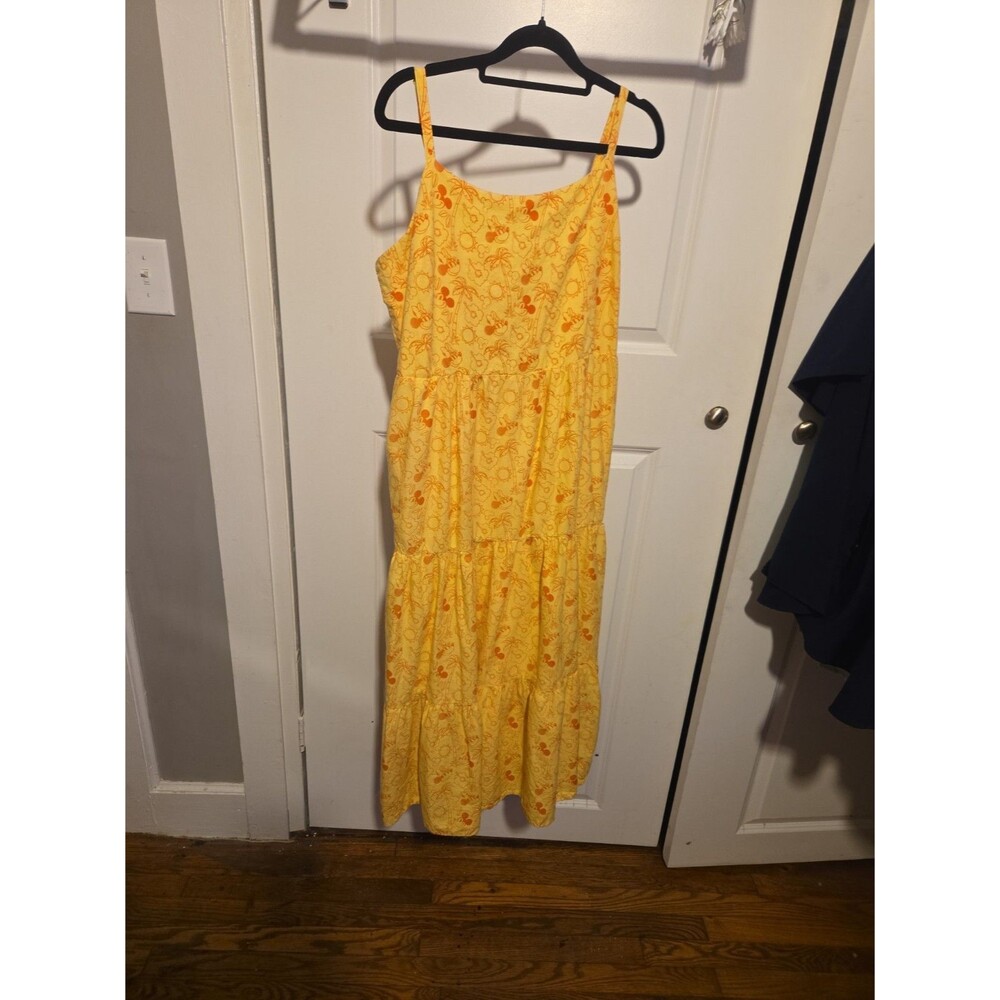 Disney Mickey Minnie Womens Large Yellow Tropical Maxi Sundress Tiered L